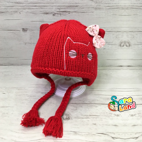 کلاه بافت نوزاد گیس دار طرح گربه - قرمز(سیسمونی سارالند)